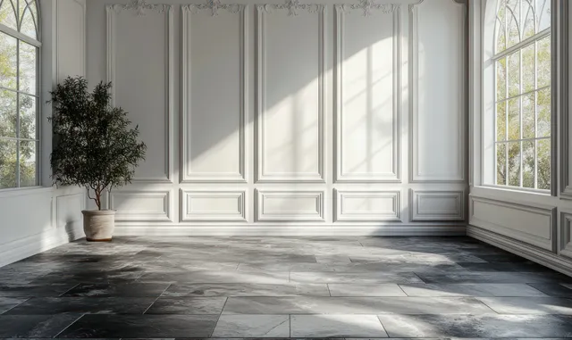White paneled interior corner with a potted tree and daylight shadows across a dark stone floor.