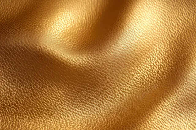 Close-up of glossy golden leather texture with embossed grain and rippled highlights.