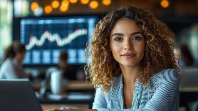Curly-haired woman sits at a desk working on a laptop showing stock market graphs in an office.