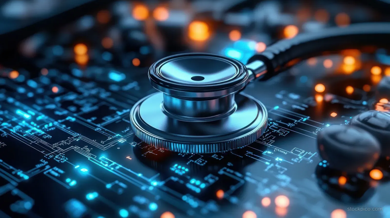 A stethoscope lies on a glowing blue circuit board with digital diagnostic elements in the background.