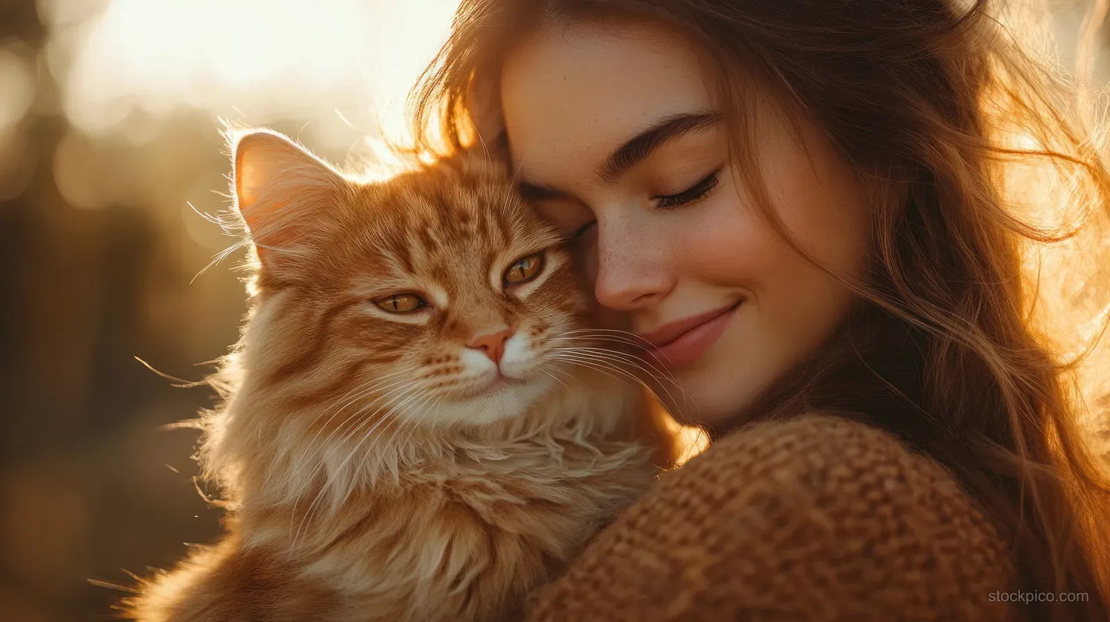 Woman cuddles a fluffy Maine Coon cat in warm golden-hour indoor light.