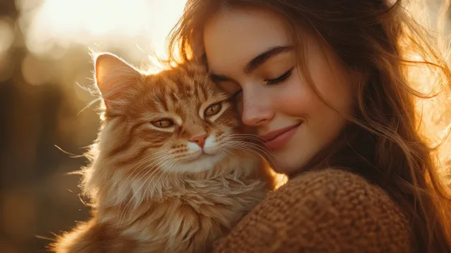 Woman cuddles a fluffy Maine Coon cat in warm golden-hour indoor light.