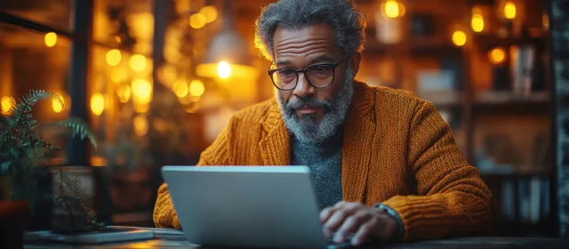 A masked person types on a laptop at a café table with warm blurred lights behind them.