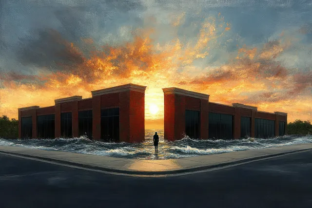 A lone person wades through floodwater at a deserted intersection between brick buildings during sunset.