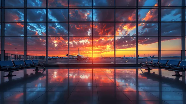 An empty airport terminal at sunset with large glass windows and reflected airplane silhouettes on the floor.