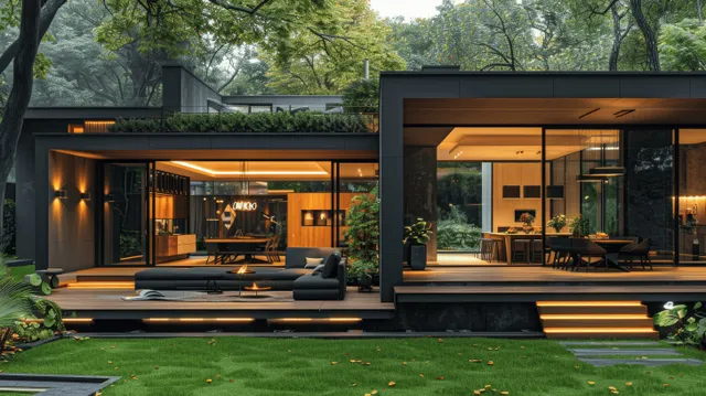 Black minimalist house opens to a deck terrace, glowing kitchen-dining at dusk