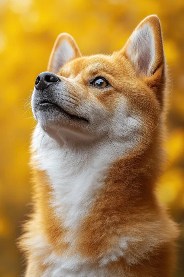 A red Shiba Inu sits calmly on a studio floor, looking at the camera against a bright yellow background.