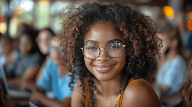 Smiling Black woman with curly hair and glasses studies in a busy library with friends