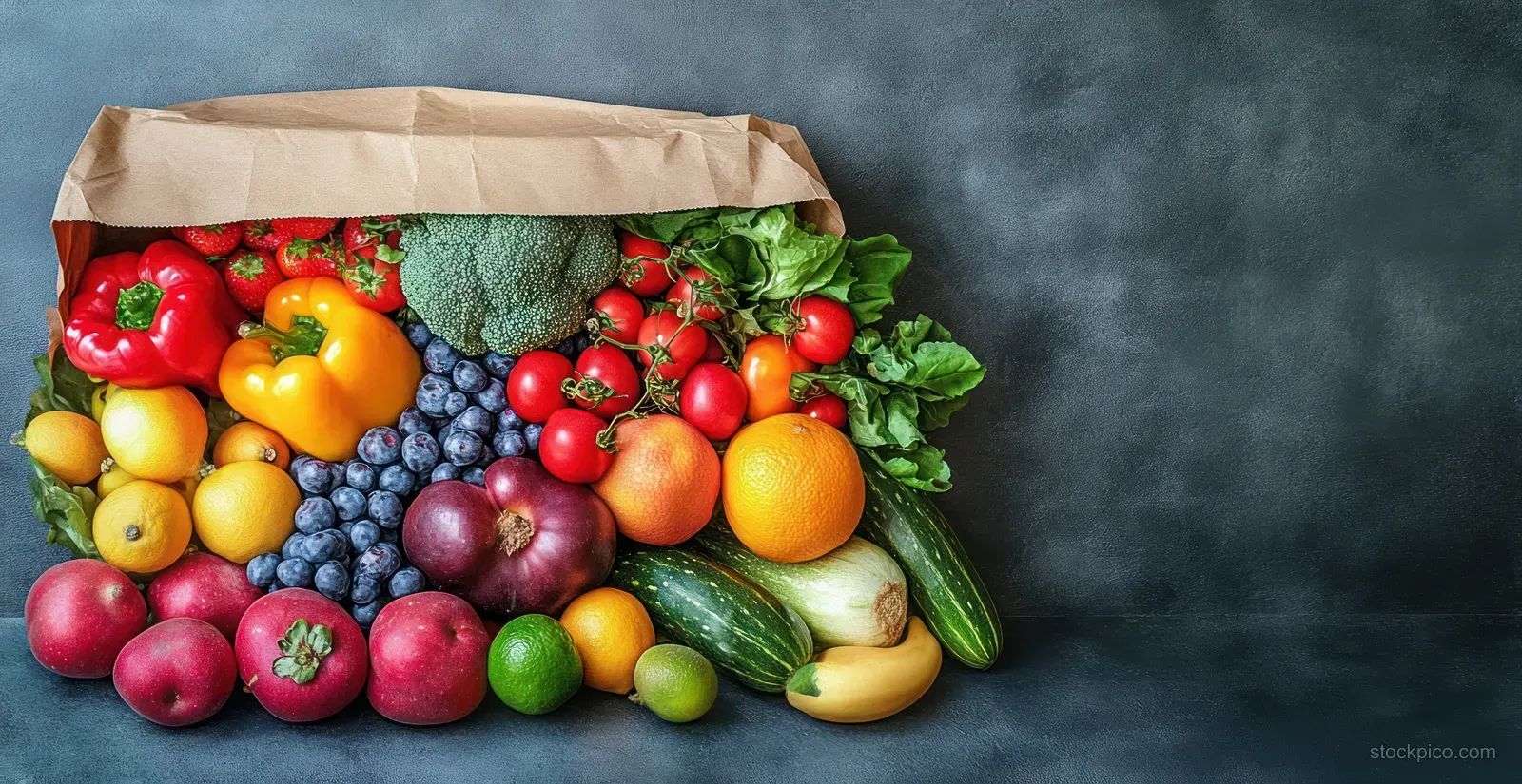 Open paper bag overflowing with colorful fresh fruits and vegetables on a dark textured background.