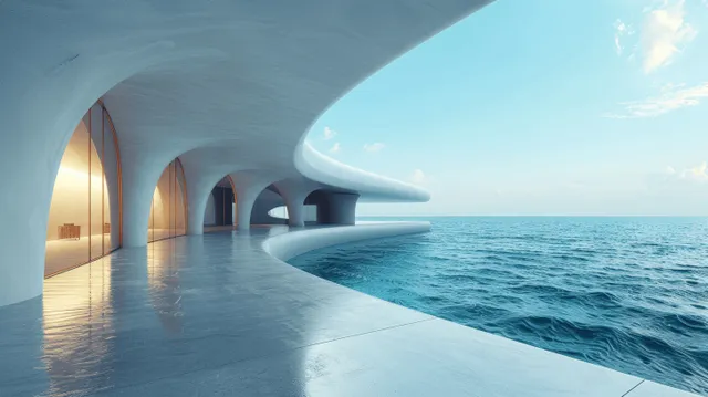 Sunlit curved concrete arches and floor terrace lead to a view of the ocean waves under a blue sky.