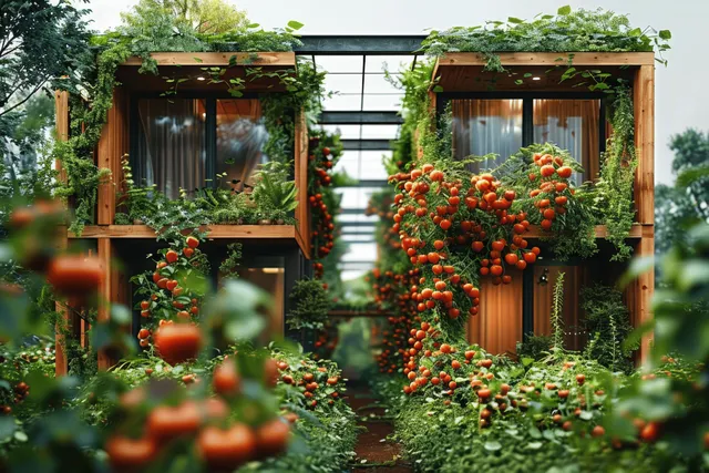 Apartment building facade covered in greenery with rooftop solar panels and wooden framing.