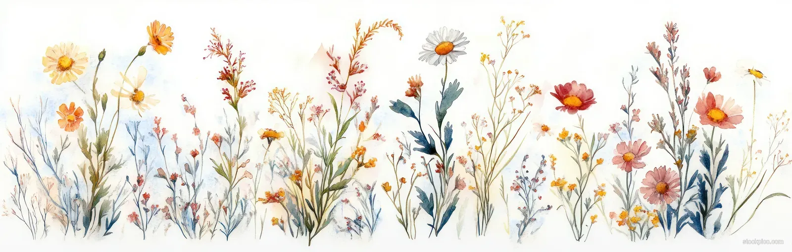 Watercolor wildflower stems and daisies with small blossoms and leaves on a white background.
