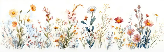 Watercolor wildflower stems and daisies with small blossoms and leaves on a white background.