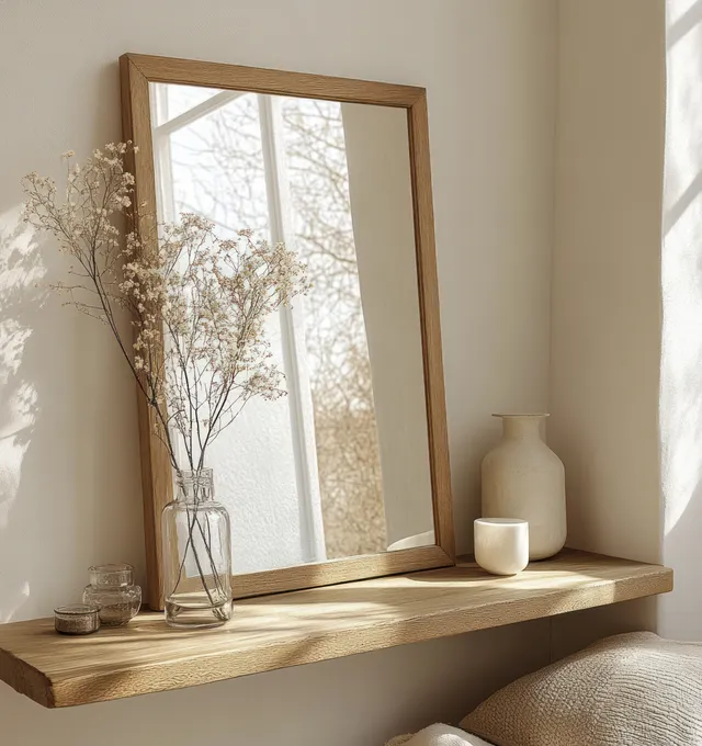 Minimalist wooden shelf holds an empty frame, dried flowers in a glass vase, and a candle near a bright window.