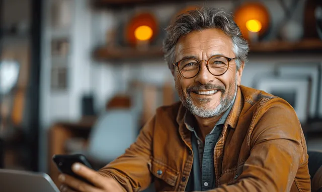Smiling middle-aged man using smartphone and laptop at office desk, warm bokeh lights