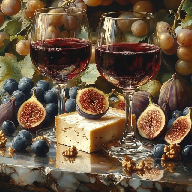 Two red wine glasses over marble table with figs, grapes, and soft cheese
