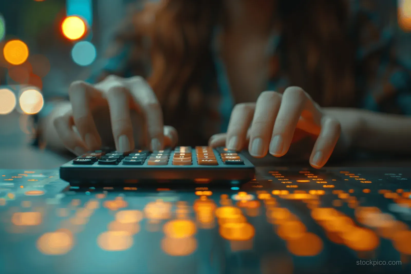 Businesswoman’s hands press a calculator on a desk beside a glowing digital financial board in an office.