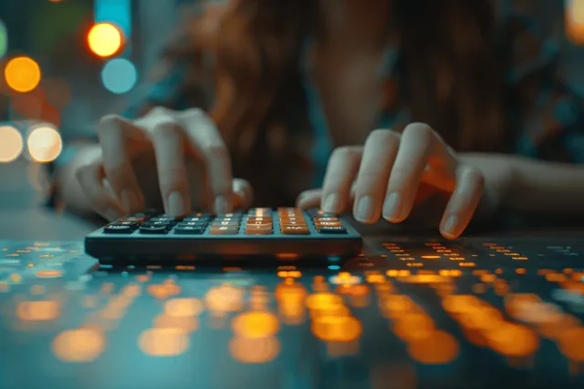 Businesswoman’s hands press a calculator on a desk beside a glowing digital financial board in an office.