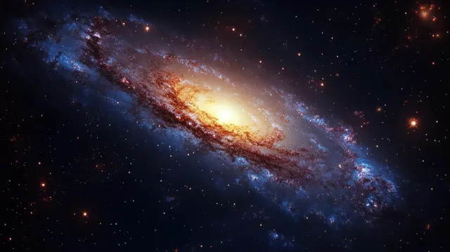 A spiral galaxy glows across a dark starfield with colorful nebula dust and bright cosmic haze.
