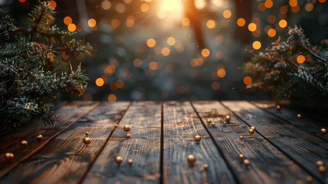 Rustic wooden table with pine branches and warm glowing holiday bokeh lights in the background.