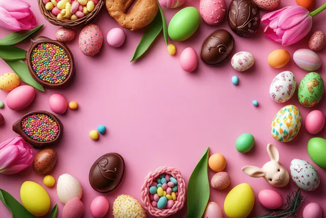 Overhead view of colorful Easter eggs, tulips, candies, and a small bunny figurine arranged around on a pink background.