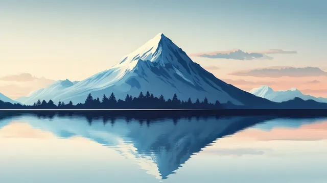Snowcapped Mount Fuji stands above a calm lake, showing a clear mirror reflection beneath a blue winter sky.