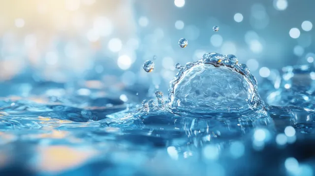 A hydrogen water bubble rises in blue liquid with surrounding droplets and sparkling light effects.