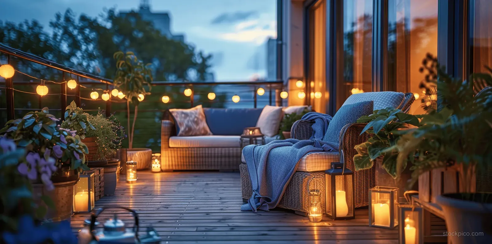 Balcony terrace at night with string lights, glowing lanterns, blue outdoor sofa, and potted plants.