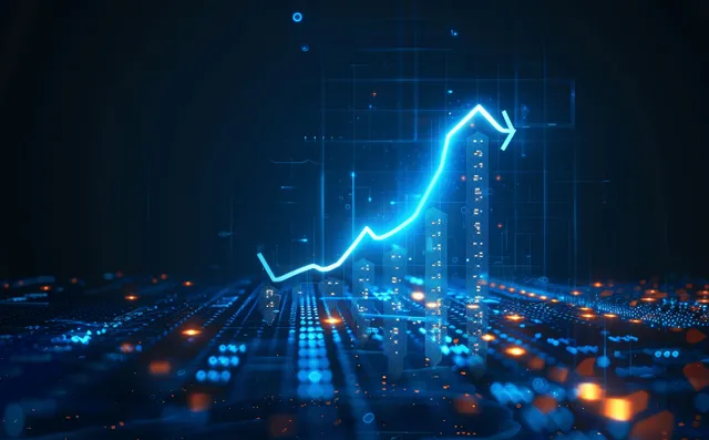 Futuristic blue rise arrow chart over digital city data grid