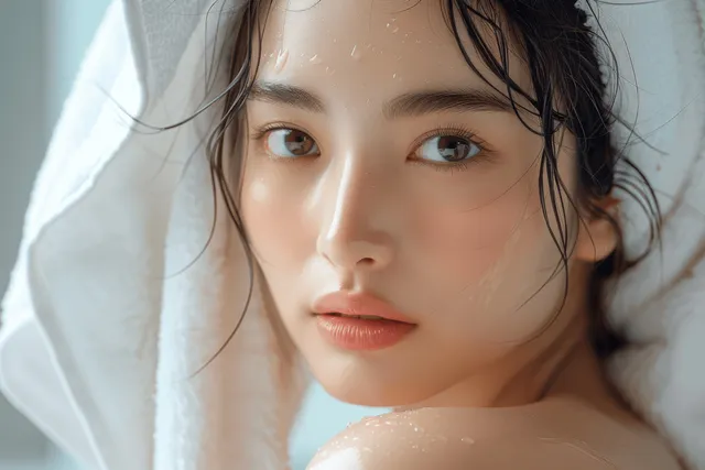 Asian woman holding white towel on shoulders after washing face, soft spa light