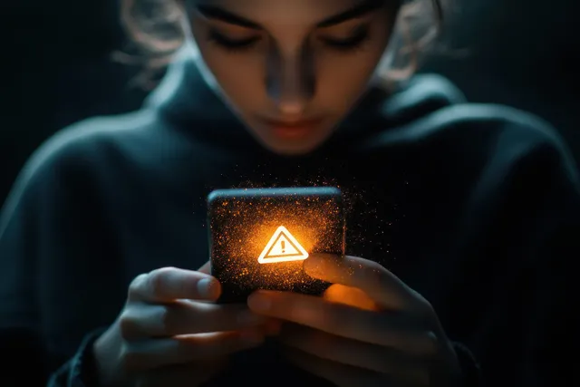 Hands hold a glowing warning triangle symbol against a dark, blurred finance background.