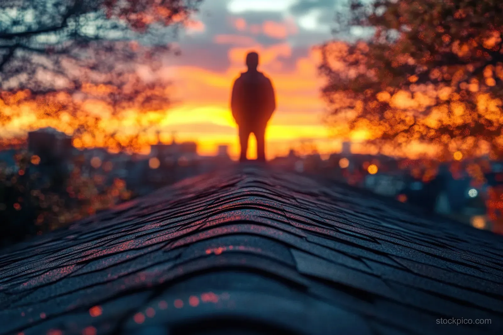 Silhouette of a person standing on a tiled rooftop at sunset with orange and blue sky and tree branches framing the scene.