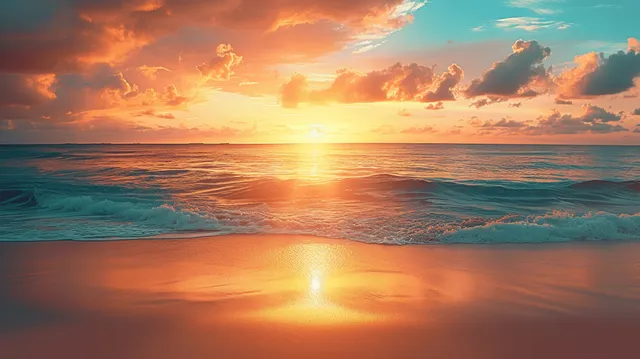 Sunset over a tropical ocean with glowing horizon, orange clouds, and waves rolling onto golden sand.
