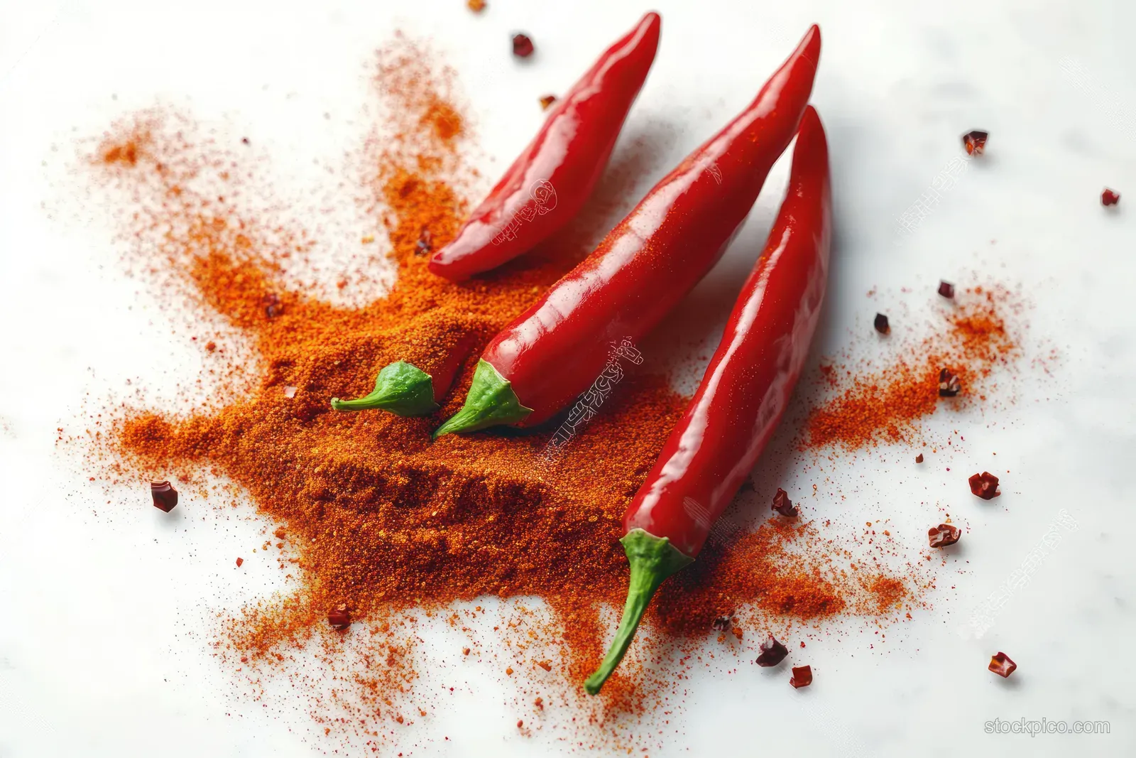 Red chili peppers lie beside spilled chili powder scattered across a white background.