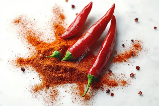 Red chili peppers lie beside spilled chili powder scattered across a white background.