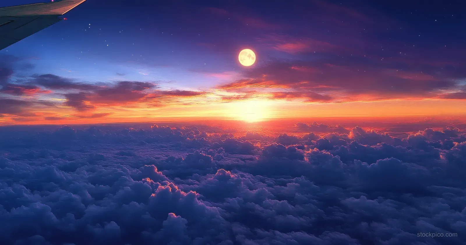 Airplane wing rises above clouds as sunset colors and a glowing moon fill the sky.