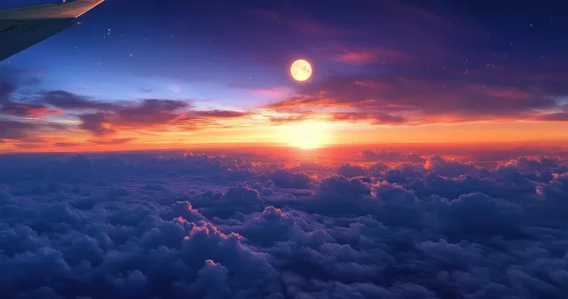 Airplane wing silhouetted above clouds at sunset with glowing moon near horizon