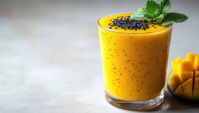 A mango smoothie in a clear glass topped with mint leaves and black seeds, with diced mango beside it.