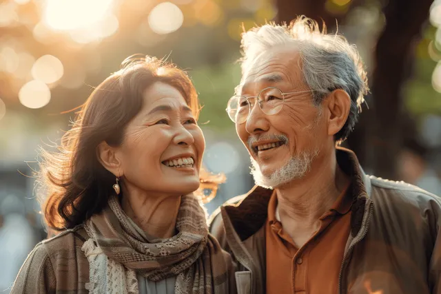 Happy elderly couple smiling in golden sunset light outdoors with scarves and park backdrop
