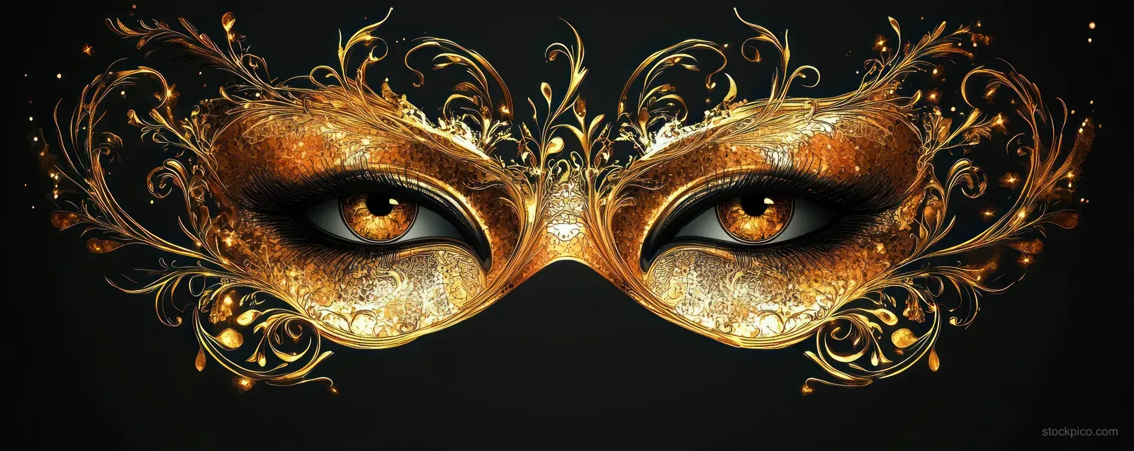 Ornate golden masquerade mask with swirling filigree and glowing amber eyes on a black background.