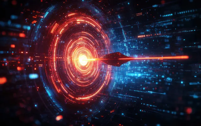 Futuristic arrow strikes glowing circular target amid red-blue data streams and motion blur