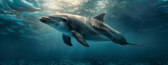 Dolphin gliding underwater through blue ocean sunbeams near coral reef bubbles