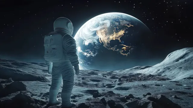 Astronaut silhouette stands on lunar rocks while Earth glows above a dark starry sky.