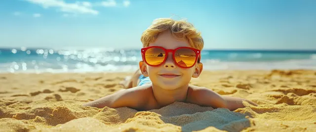 Young boy sunbathing on a sandy beach, wearing red sunglasses, smiling at summer horizon