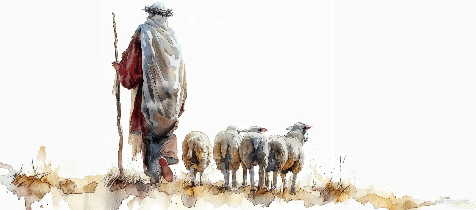 Watercolor shepherd figure walking toward the viewer with a staff and sheep on a white background.