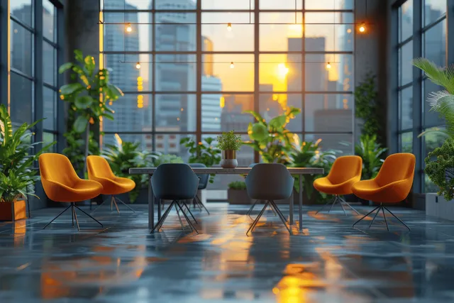 Blurred office lobby with panoramic windows, warm sunset light, and rows of modern chairs