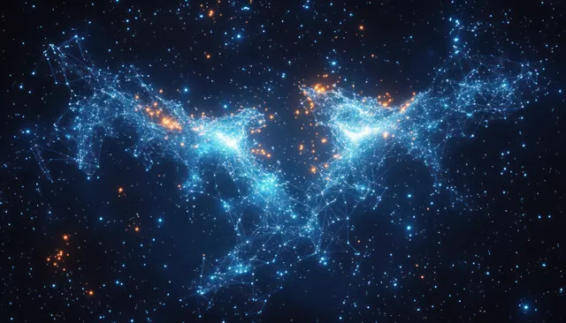 Glowing blue network forms bat-wing shapes with scattered orange points across a dark starry cosmos background.