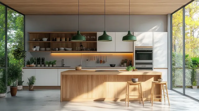Sunlit minimalist kitchen interior with wooden island, pendant lights, bar stools, and large windows.