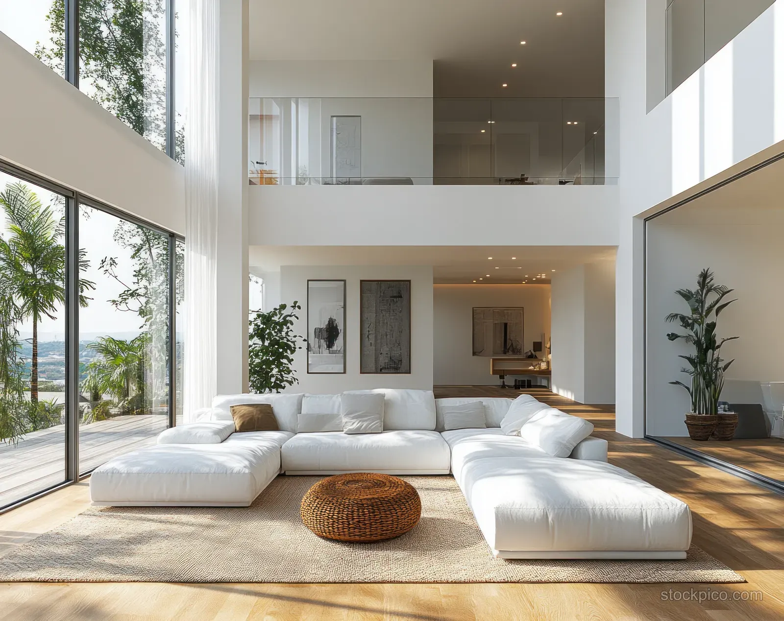 A white sectional sofa sits on a light rug in a minimalist living room with natural wood floors and tall windows.