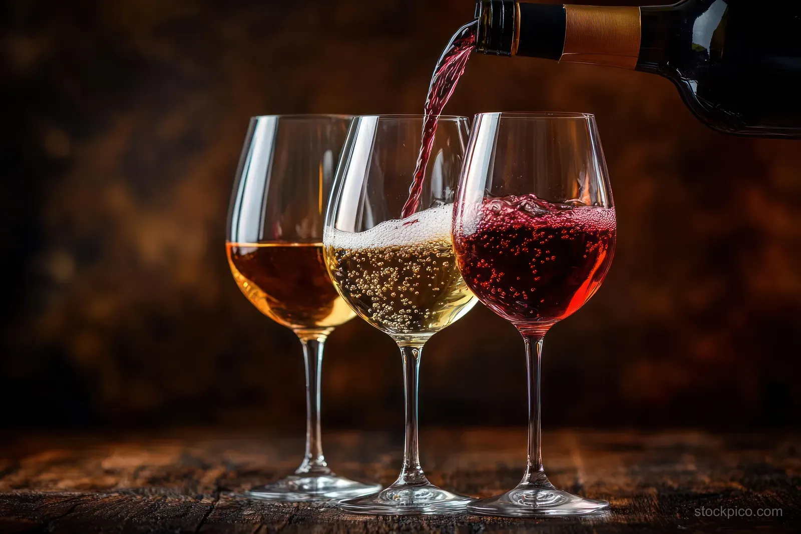 Red wine pours into a stemmed glass as two other glasses of amber and white wine rest on rustic wood.